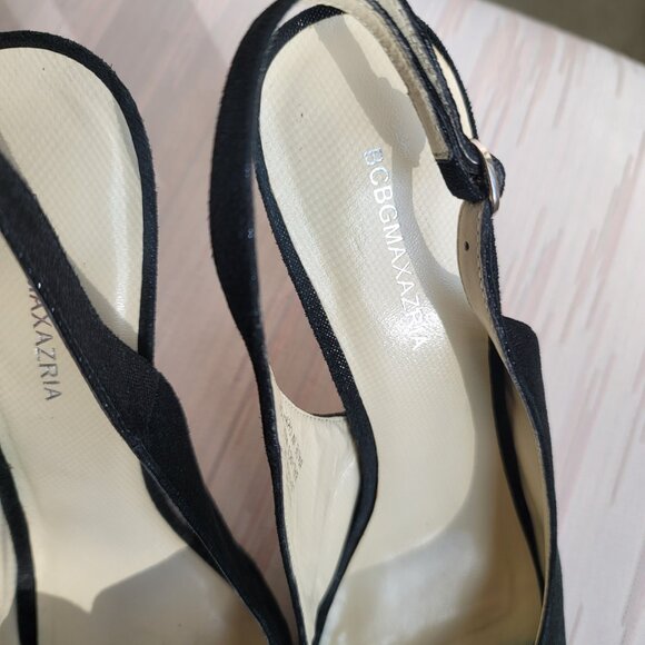 BCBGMAXAZRIA Kelly Black Metallic Leather Peep Toe Heels Size EU 39/US 8.5 - Picture 13 of 16